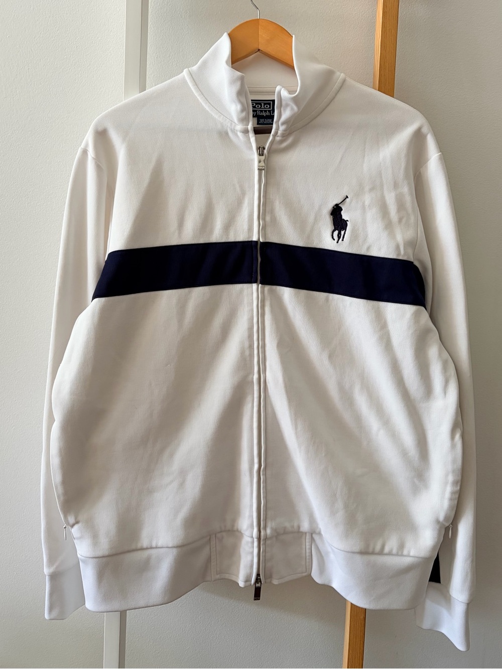 Men’s Ralph Lauren White Track Jacket with Navy Chest Stripe